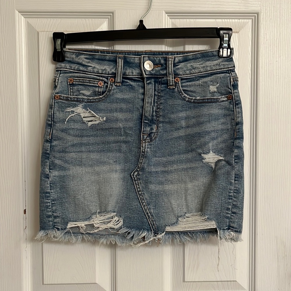 American Eagle Med Wash Blue Denim Distressed A-Line Mini Skirt Cotton-blend 2